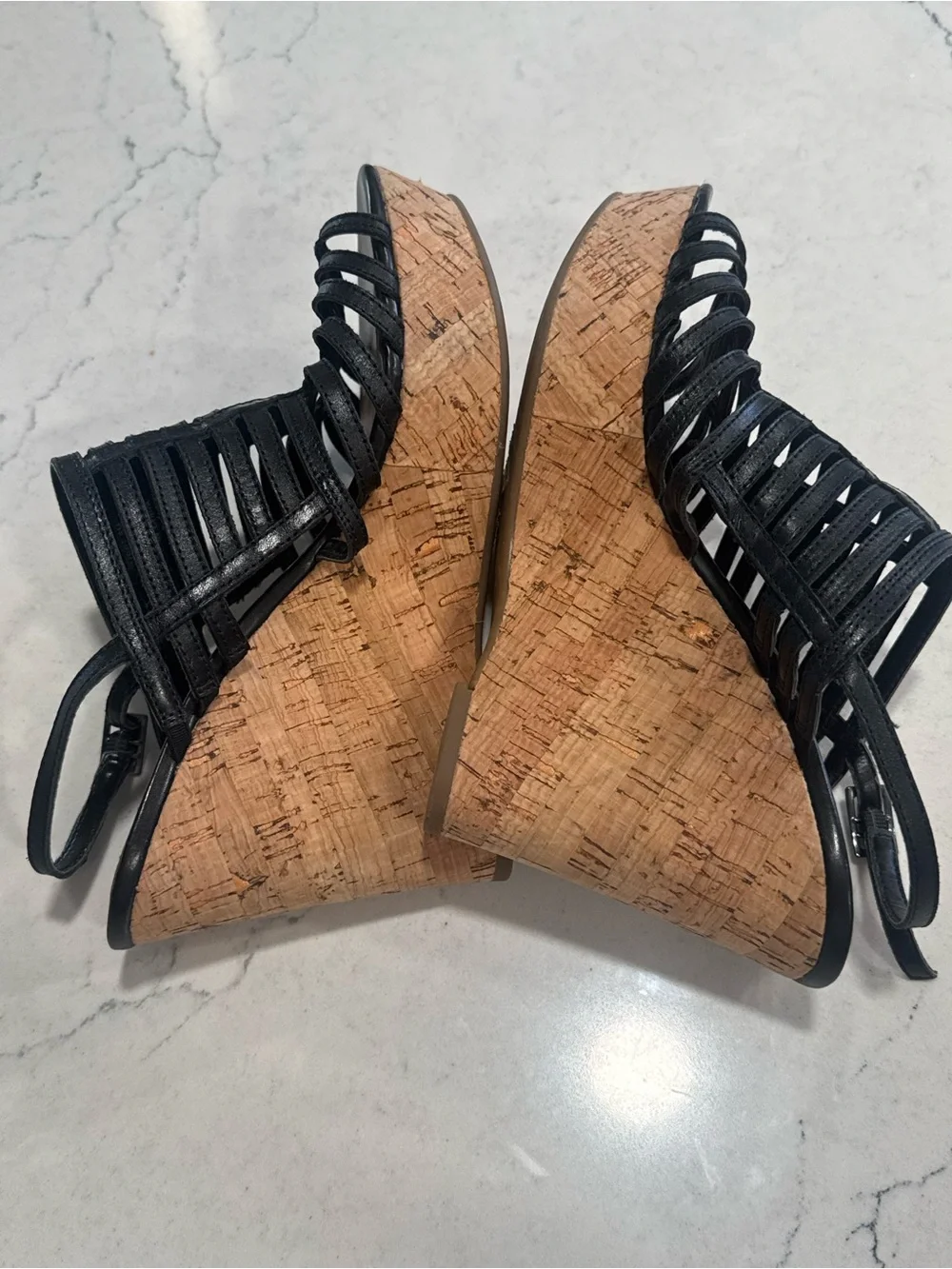 Franco Sarto Women’s Black Strappy Cork Wedge Ankle Strap Sandals US 8